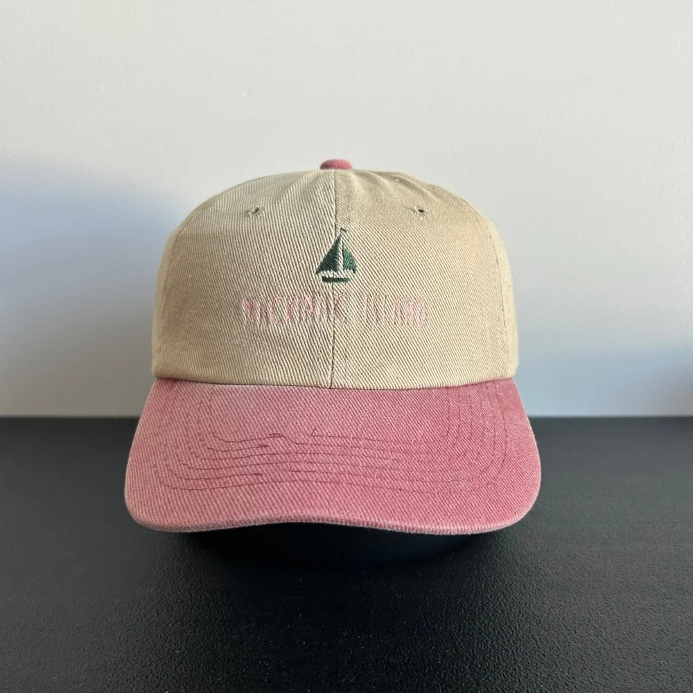 Vintage Mackinaw Island Hat Cap Strap Back Adjustable Tan Red Sailboat Adult